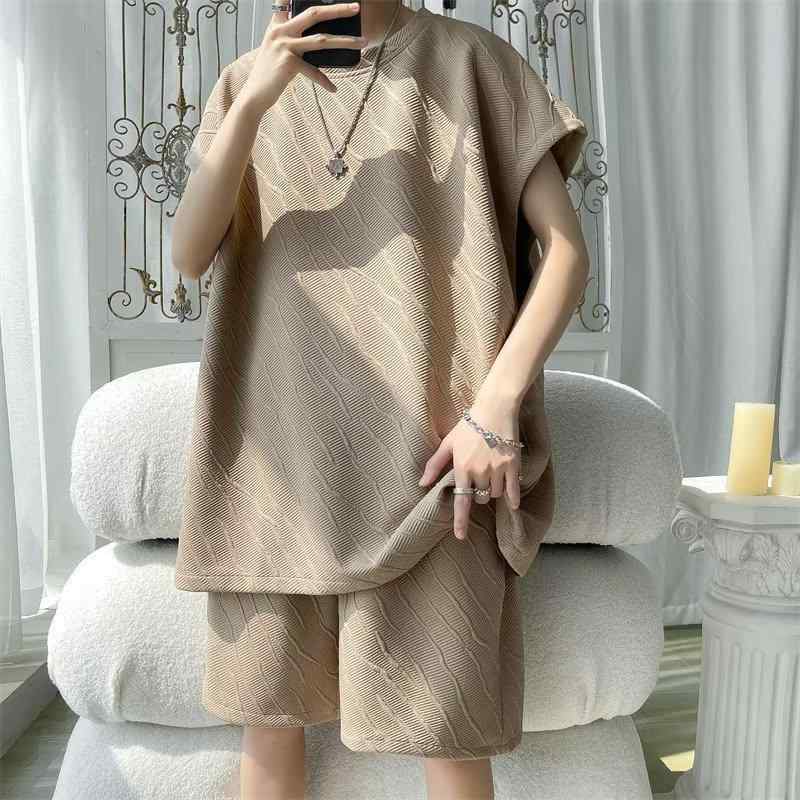 メンズ タンクトップ ショートパンツ セットアップ 男性用 ラウンドネック 運動着 部屋着 ポリエステル 薄手 夏 ブラック カーキ ホワイト