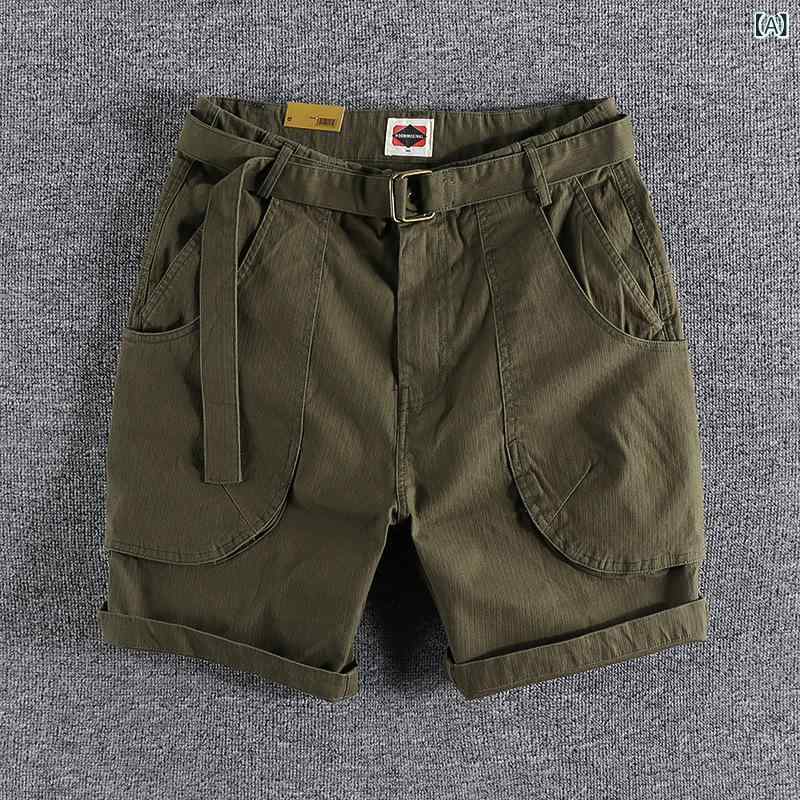 Rakuten - ハーフパンツ 男性用 カーゴパンツ ウォッシュ加工 ワークパンツ 5分丈 ワイドパンツ 混紡 復古調 カーキ ブルー グリーン