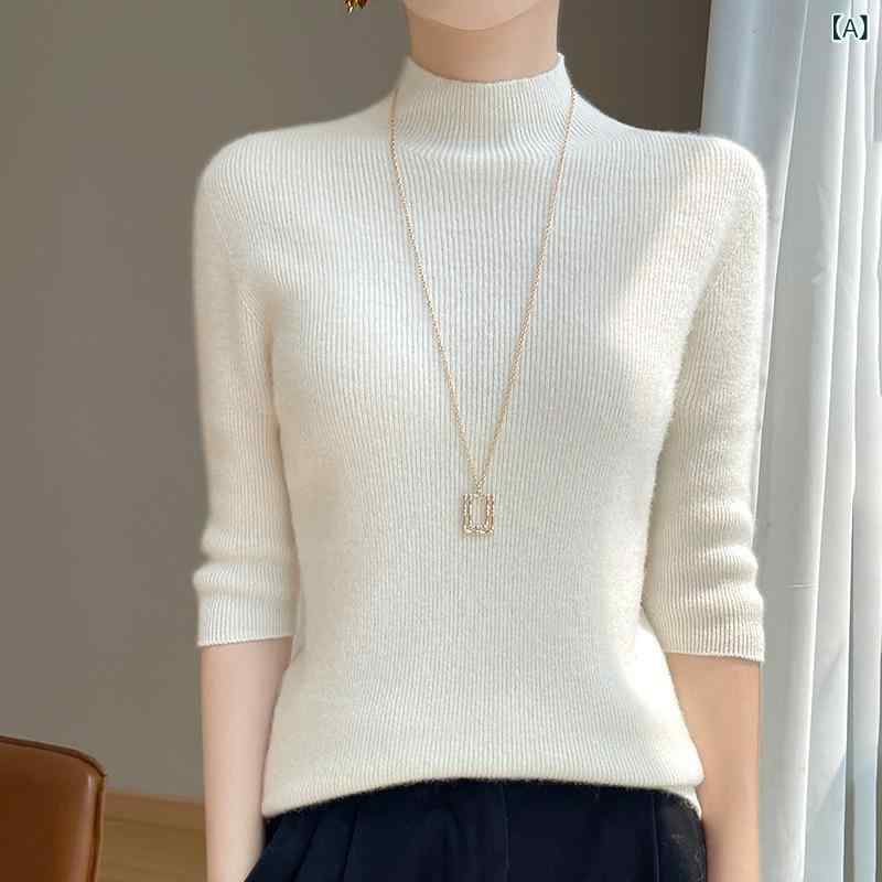 Long-Sleeved Knit - ニット レディース 五分袖 トップス スリム インナー タイト 無地 リブニット 春秋 ミドル丈 プルオーバー きれいめ 通勤 オフィス 白 キャメル グリーン ブルー ブラック ベージュ レッド S M L XL XXL