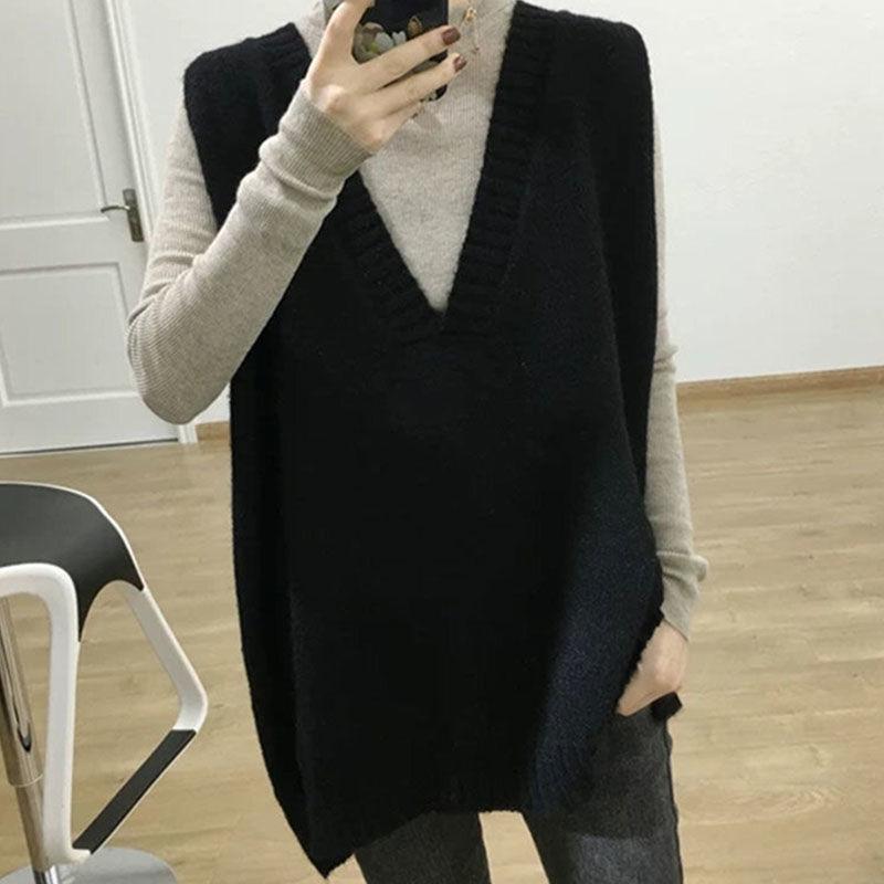 ニット レディース ニットベスト Vネック 無袖 チュニック丈 セーター ゆったり カジュアル 重ね着 レイヤード 韓国 トップス 秋冬 グレー コーヒー 米白 黒 グレー 茶色 アイボリー ブラック