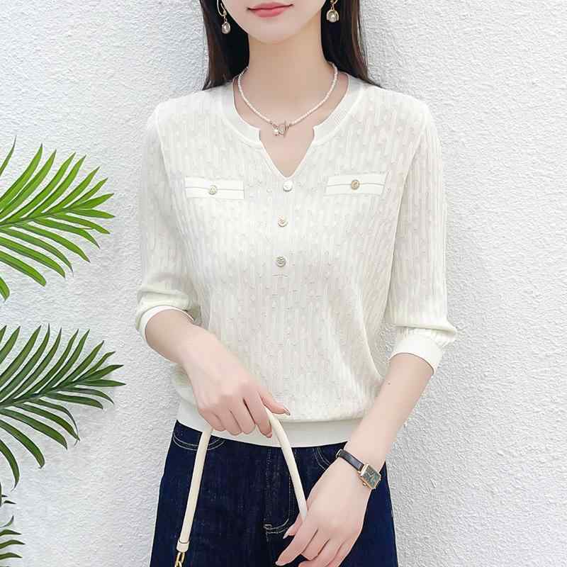 Three-Quarter Knit - ニット レディース 五分袖 トップス Vネック 薄手 無地 春夏 レーヨン混紡 接触冷感 通勤 きれいめ おしゃれ ホワイト ブラック