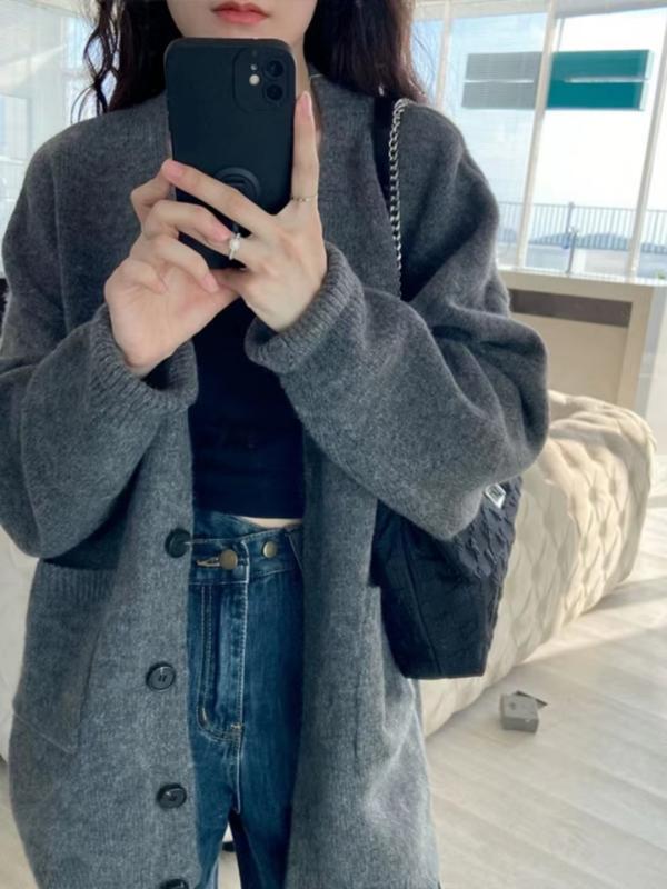 ニットカーディガン レディース グレー Vネック 長袖 厚手 秋冬 中長丈 ポケット付き ゆったり 普段使..