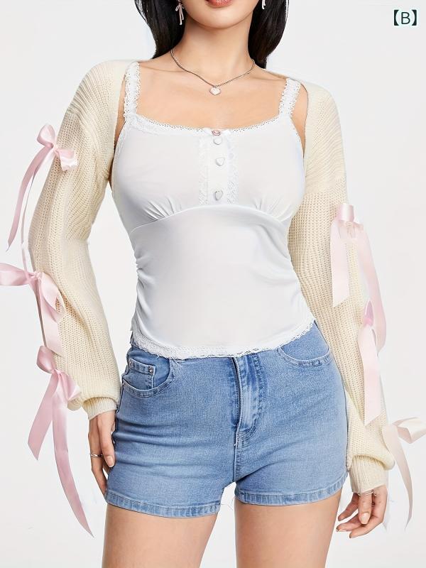 ニットカーディガン レディース Vネック 蝶結び ショート丈 黒 ブラック アイボリー グレー 長袖 ゆったり 伸縮性 ゴスロリ ゴシック ストリート