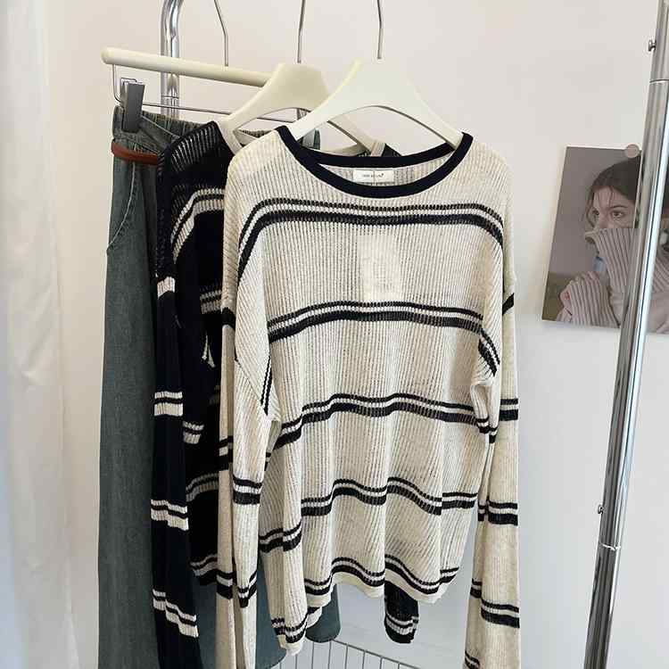 カーディガン レディース 麻 リネン ストライプ柄 薄手 ラウンドネック ニット トップス 春夏 長袖 ゆ..