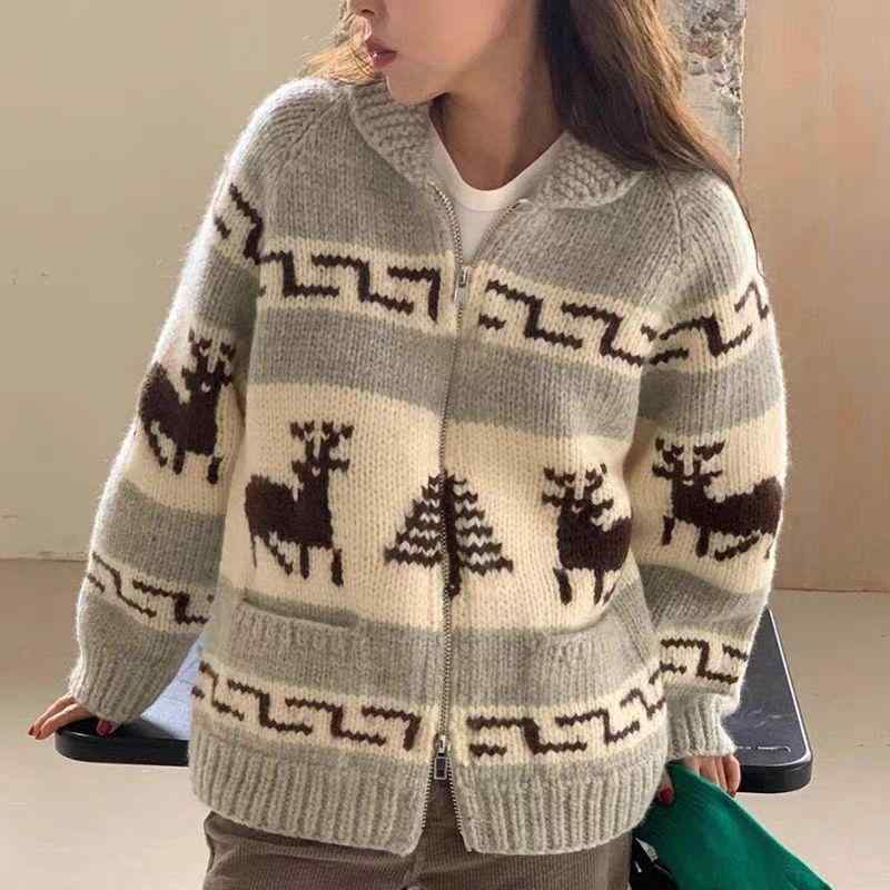 ニット・セーター レディース クリスマス 提花柄 カーディガン グレー 黒 長袖 ゆったり 襟付き 接触冷..