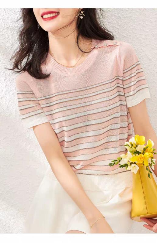 ニット レディース 春夏 半袖 ストライプ柄 接触冷感 薄手 トップス プルオーバー ピンク系