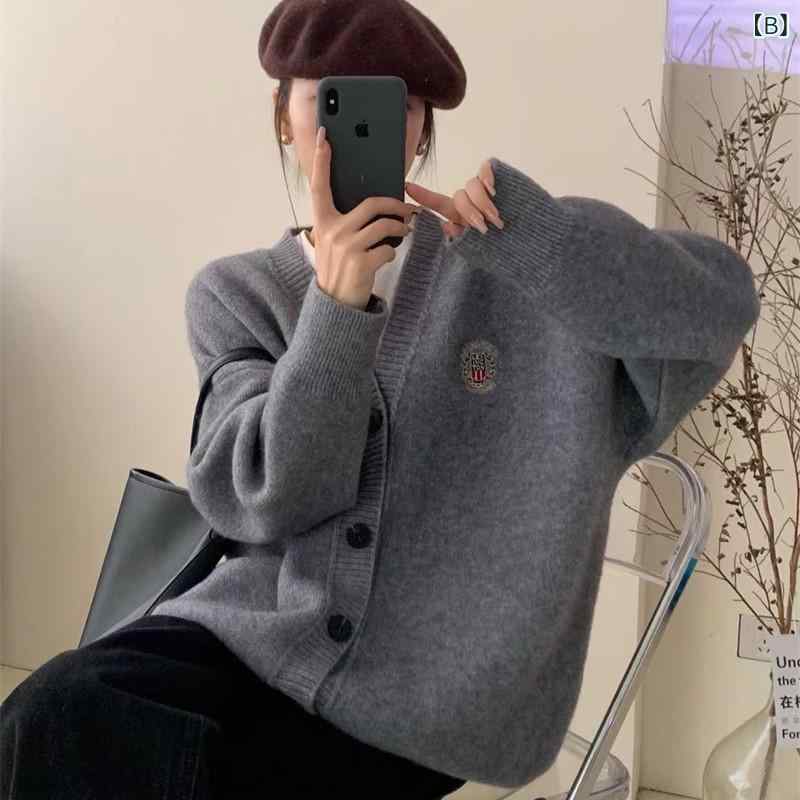 LINEAR shopのニット カーディガン レディース 秋冬 長袖 Vネック 刺繍 刺繡 ゆったり 大きめサイズ ミディアム丈 羽織り セーター トップス 韓国 オフィスカジュアル きれいめ かわいい 日韓スタイル 普段使い｜アングル3