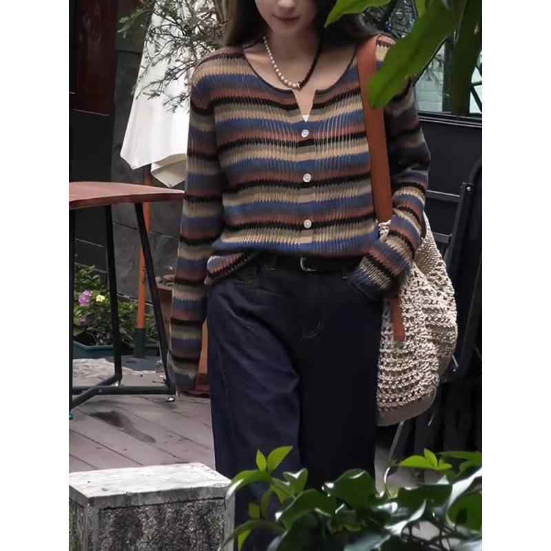 Knitting, Sweaters - ニットカーディガン レディース ストライプ 長袖 丸首 ゆったり 体型カバー 着痩せ 通勤 オフィス 秋冬