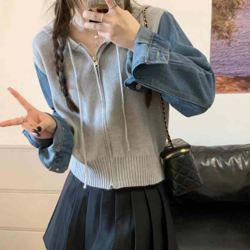 ニット レディース 秋冬 重ね着風 パーカー カーディガン ゆったり ショート丈 トップス パフスリーブ ..