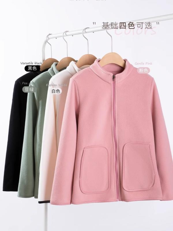 Jacket - フリースジャケット レディース メンズ 防風 保温 スタンドカラー ジップアップ カーディガン トップス 男女兼用 アウトドア スポーツウェア 米白 黒 紺 深灰 秋冬
