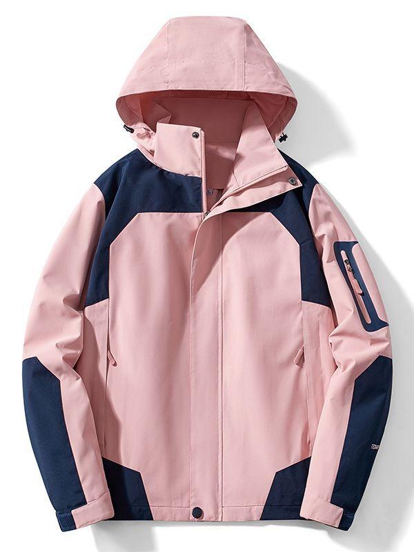 マウンテンパーカー 秋冬 防風 防水 取り外し可能フード付き 登山 ワーク ジャケット 男性用 女性用 薄手 ポリエステル ブラック ピンク系 アウトドア(4.0)