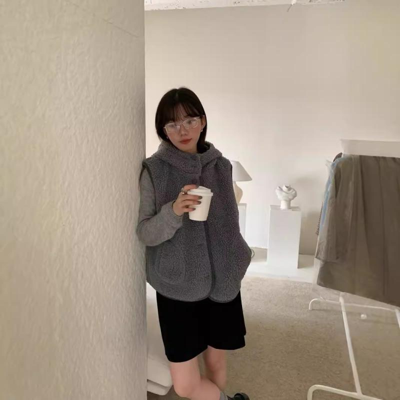 ベスト レディース 秋冬 連帽 羊羔毛 ふわふわ あったか アウター 重ね着 羽織り カジュアル かわいい ホワイト グレー