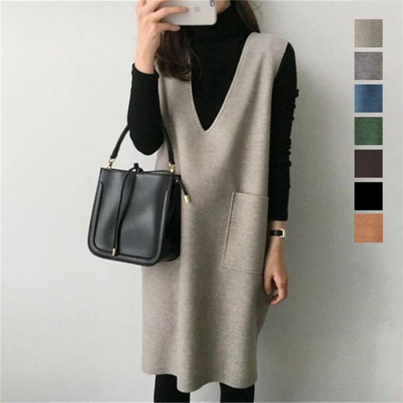 Rakuten - ワンピース レディース 秋冬 Vネック 纯色 马甲 スカート 重ね着 ミディアム丈 ポリエステル ゆったり 7色 普段使い 通勤