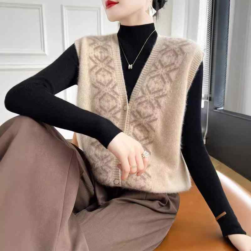 ベスト レディース フレンチレトロスタイル ウール ニットベスト 重ね着風 Vネック 提花 あったか ノースリーブ トップス ベージュ グレー キャメル