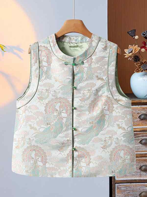 ベスト レディース 織物製 春秋 唐装 チャイナスタイル マージャン牌柄 中華風 丸首 ゆったり エスニッ..