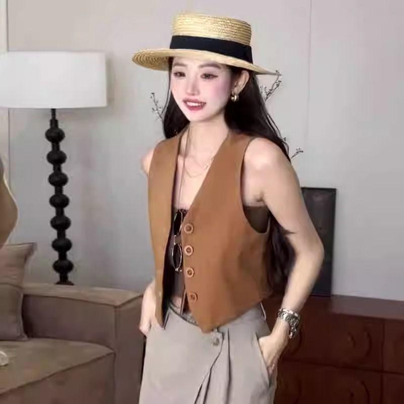 ベスト レディース Vネック ノースリーブ トップス 重ね着 スタイルアップ 細見え ブラウン系 アクリル 大人 オフィスカジュアル