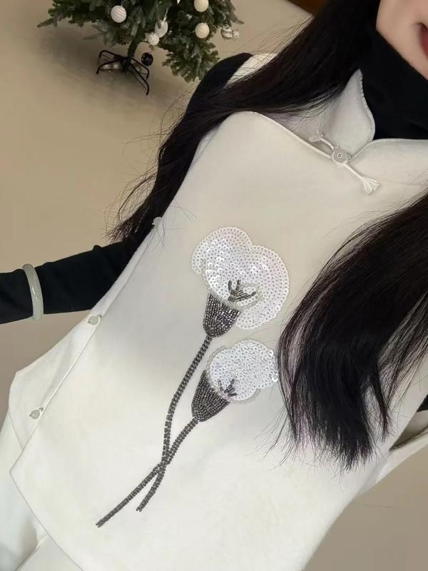 トップス レディース 秋 ベスト 刺繍 花柄 刺繡 ノースリーブ チョッキ 豪華感 普段使い 中国風 ポリエステル ウール ゆったり 白 黒