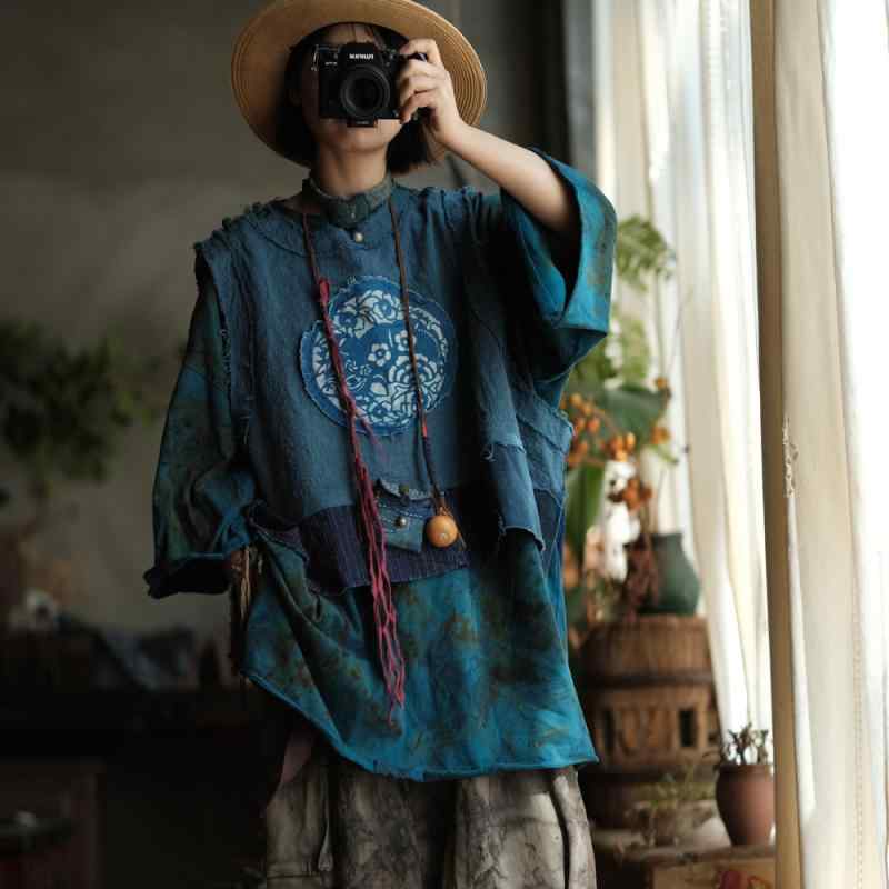 ベスト レディース 麻 リネン ゆったり 文芸復古風 パッチワーク ラウンドネック 接触冷感 ノースリーブ トップス カットソー 春夏 孔藍拼