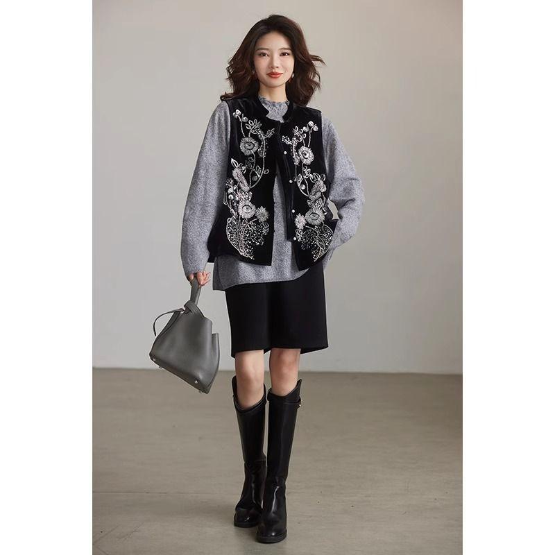 ベスト レディース 大きいサイズ チャイナ風 ポリエステル 黒 ラウンドネック 通勤 エレガント スタイル