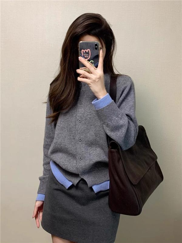 Long-Sleeved Knit - ニットカーディガン レディース 秋冬 韓国 グレー ブルー 切り替え 長袖 トップス 羽織り ゆったり 普段使い かわいい