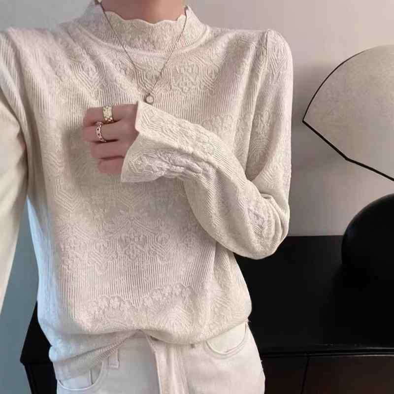 ニット・セーター レディース トップス 長袖 半高ネック プルオーバー レース 提花柄 きれいめ エレガ..