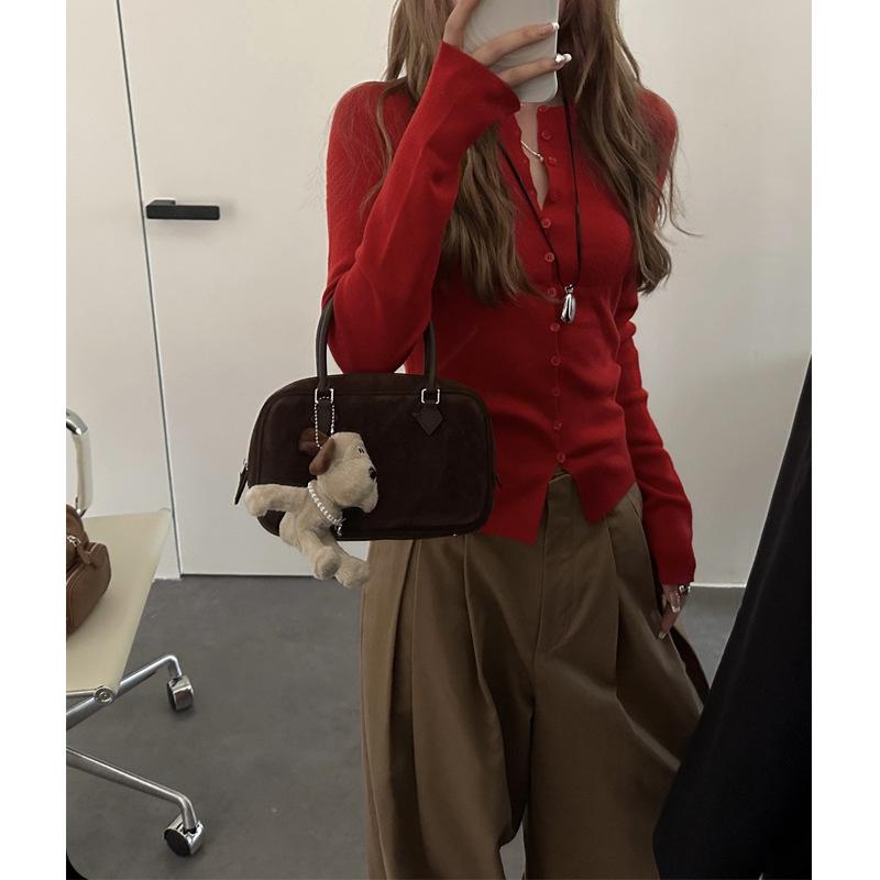 ニットカーディガン レディース 丸首 長袖 ポリエステル 無地 レトロ かわいい 清楚 上品 ガーリー フェミニン デート お出かけ1