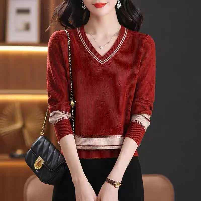 Rakuten - ニット レディース 配色 Vネック ゆったり トップス 秋冬 婦人服 セーター チュニック 伸縮性 あったか 長袖 きれいめ かわいい カジュアル 赤 ベージュ系