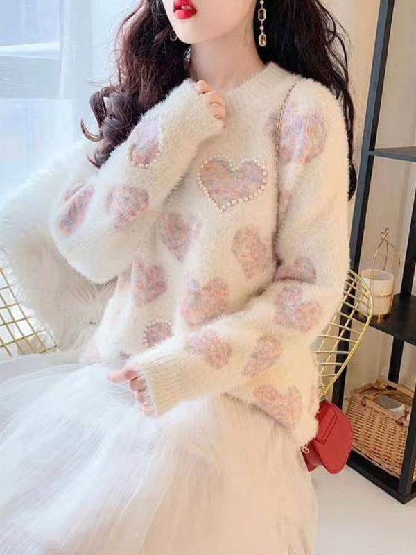 ニット レディース ケーブル編み プルオーバー 桃心柄 厚手 ゆったり かわいい ピンク系