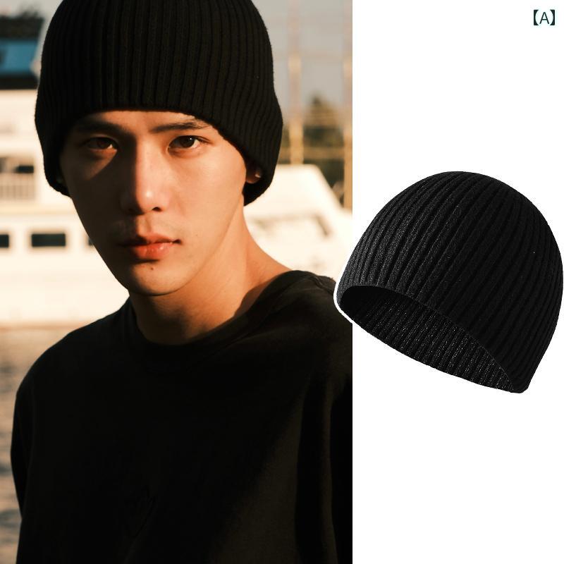 Cap, Hat - メンズ 秋冬 クール 無地 暖かい ニット ウール 帽子 ヘッド ビーニー キャップ シンプル ストリート カジュアル 男性 ダークカラー