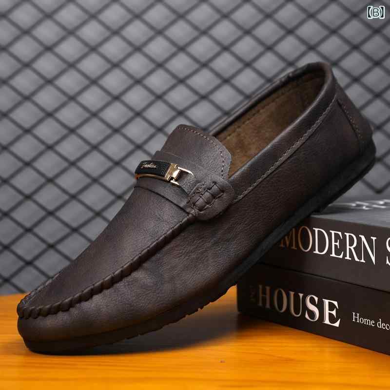 革靴 男性用 ローファー スリッポン 紳士靴 紐なし ビジネスシューズ フラット ぺたんこ 黒 ブラック 茶 ブラウン 通気性