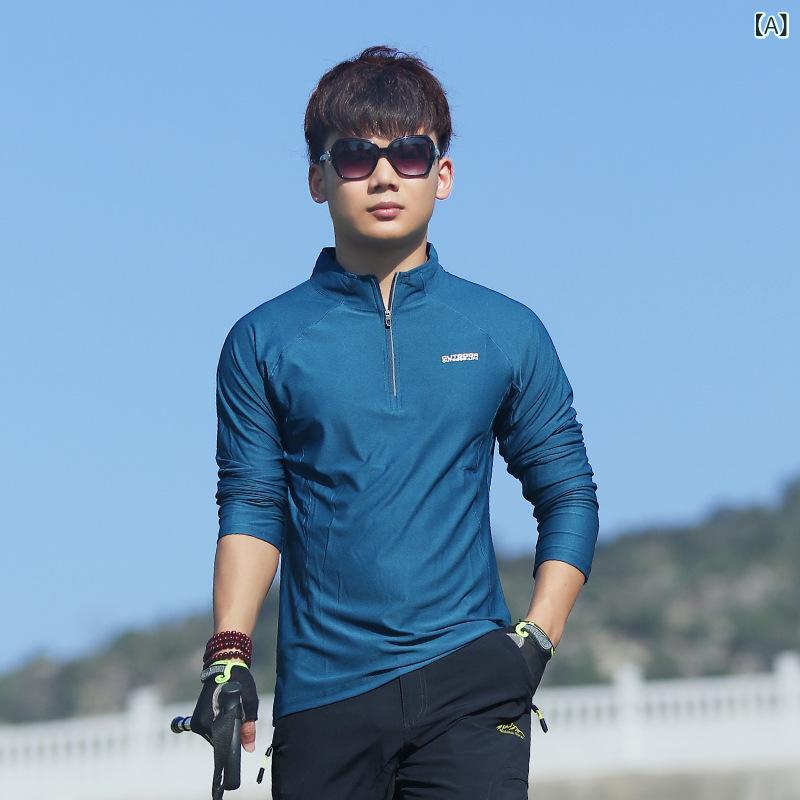 其它 - Tシャツ 男性用 長袖 速乾 登山 トレッキング ランニング スポーツ ヨガ ウェア ジム トレーニング ストレッチ 伸縮性 通気性 ポリエステル ナイロン デニムブルー ダークブルー グレー1