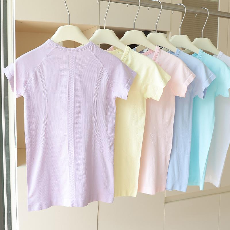 ヨガウェア レディース スポーツ半袖Tシャツ 吸湿速乾 トレーニングウェア ランニング 接触冷感 スリムフィット ピラティス 無地 春夏 秋 伸縮性 パープル系 クリームイエロー ソルトブルー 桜色 アイスブルー ホワイト
