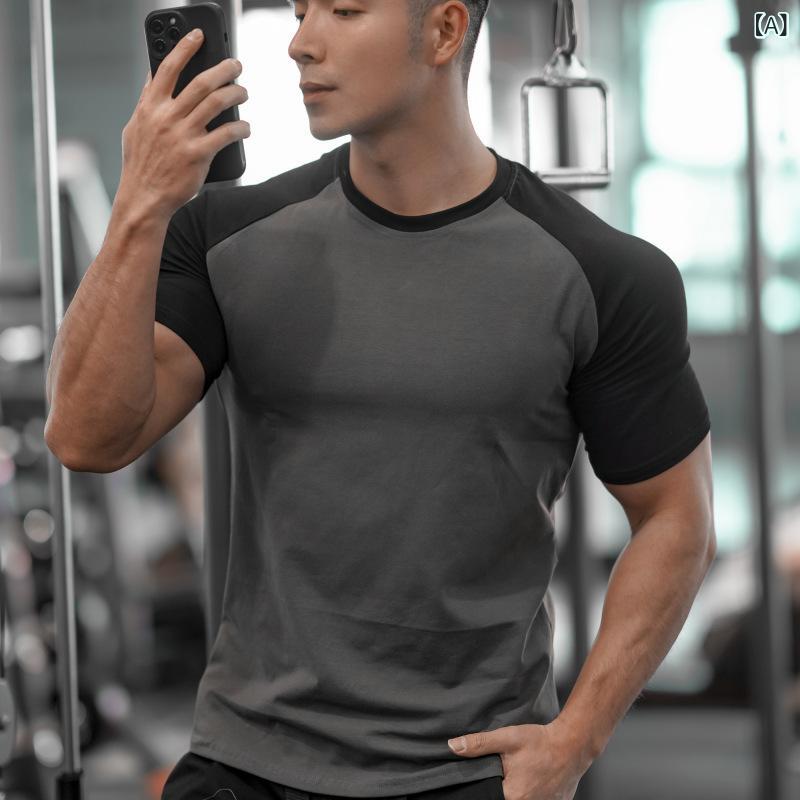 LINEAR shopのTシャツ メンズ 男性用 スポーツウェア 半袖 吸湿速乾 トレーニングウェア ジム 筋トレ ランニング コットン混紡 切り替え 春夏｜アングル2