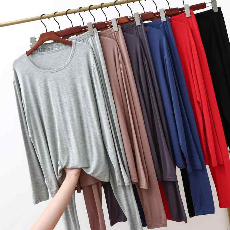 メンズ 保温肌着 上下セット 男性用 ラウンドネック モダール 薄手 スリムフィット インナー 赤 深青 ..