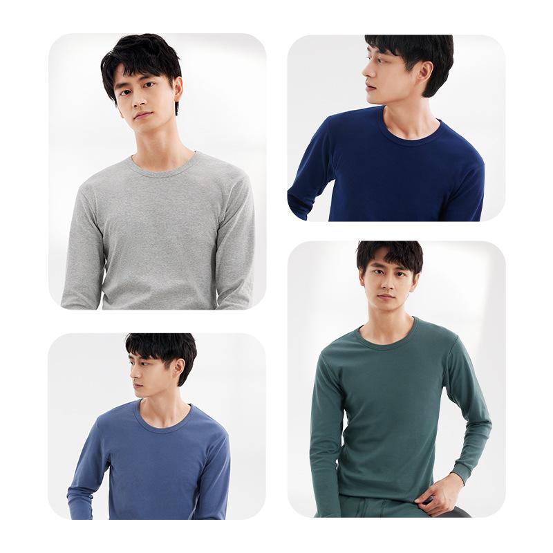 メンズ 長袖Tシャツ & 長ズボン 上下セット 綿100% 薄手 肌着 インナーシャツ パジャマ 部屋着 ルームウェア 保温性 吸汗性 伸縮性 静電気防止 秋冬 紺色 グレー