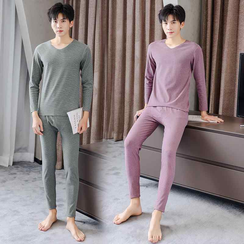 インナー メンズ 男性用 Vネック 長袖 あったかインナー 上下セット ストライプ柄 コットン 混紡 保温