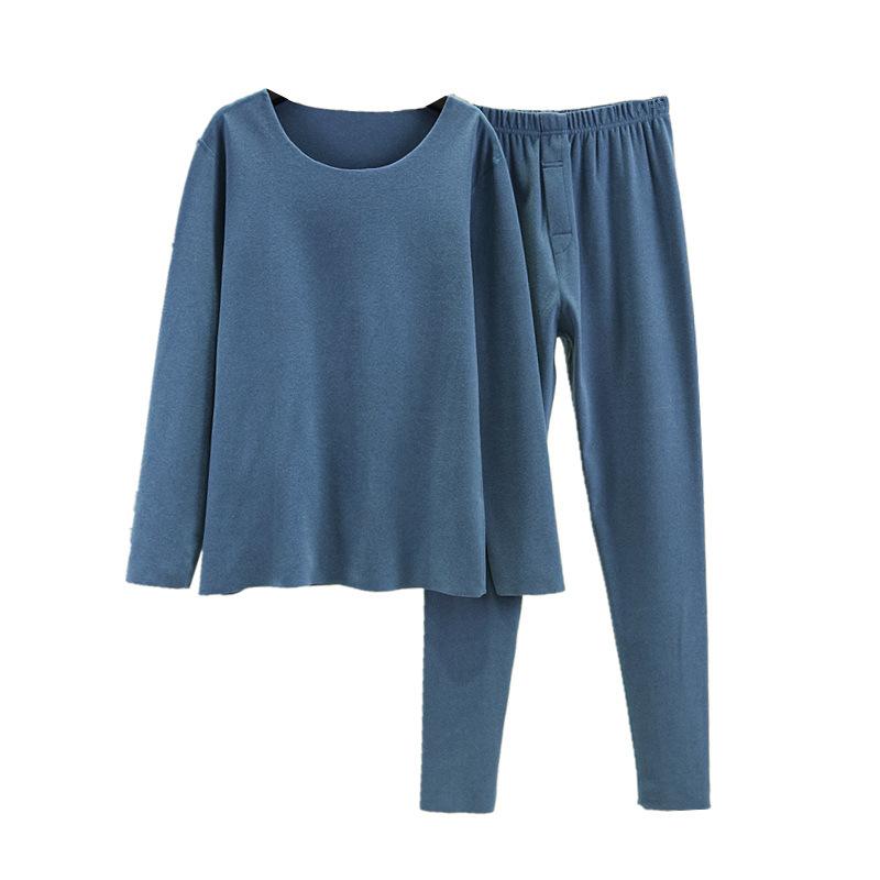 肌着 メンズ 男性用 秋冬用 あったかインナー 上下セット 防寒 無縫製 綿 90% 厚手 ラウンドネック カットソー 長袖 長ズボン ルームウェア 部屋着 パジャマ パープル ブラック 深灰色 ワインレッド デニムブルー 紺色 L XL XXL XXX