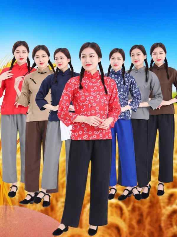 コスチューム レディース 采茶服 阿慶嫂風 民族衣装 演劇 舞台衣装 S M L XL XXL XXXL コットン ポリエステル レッド ブルー グレー ブラウン 小花柄