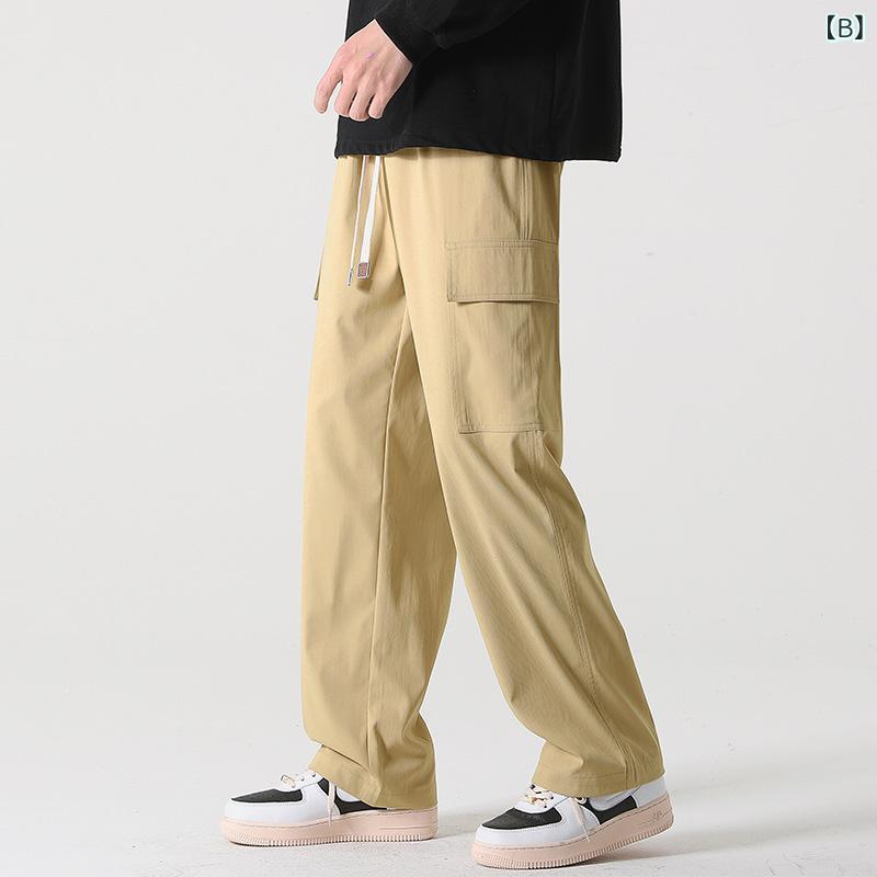 ズボン メンズ カーゴパンツ ワイドレッグパンツ 春秋 無地 多ポケット ワークパンツ ルーズフィット カジュアル ロングパンツ スウェットパンツ ドロップ感 ブラック カーキ ベージュ ポリエステル