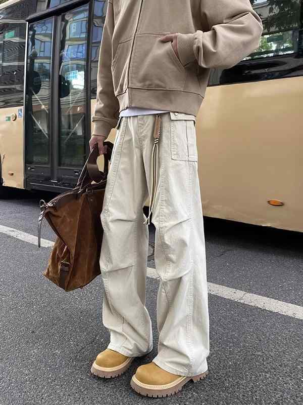 パンツ 男性用 ワークパンツ ワイドレッグ リラックスフィット ストレートパンツ 無地 ポリエステル 深グレー 杏色