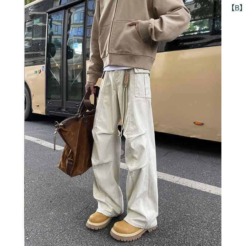 パンツ 男性用 ワークパンツ ワイドレッグ リラックスフィット ストレートパンツ 無地 ポリエステル 深グレー 杏色 3