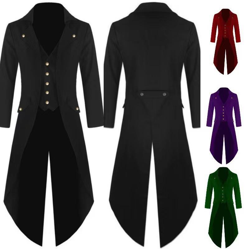 メンズ燕尾服 男性用 中世 レトロ ロングコート ポリエステル ハロウィン コスチューム 舞台衣装 レッド グリーン ブラック