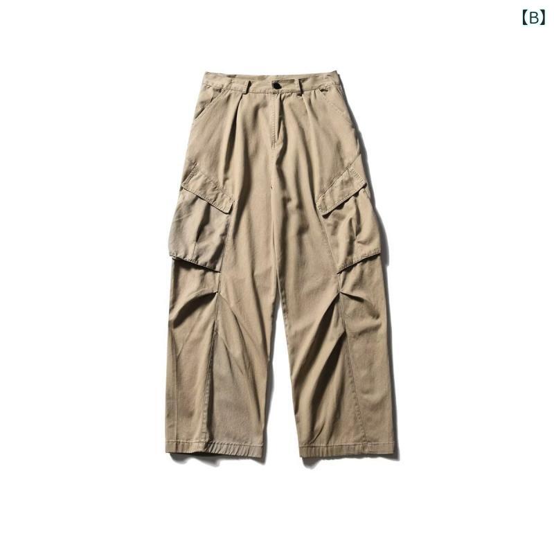 パンツ 男性用 ワークパンツ ストレート ワイドレッグ カジュアルパンツ 春秋 伸縮性 ポリエステル カーキ グレー