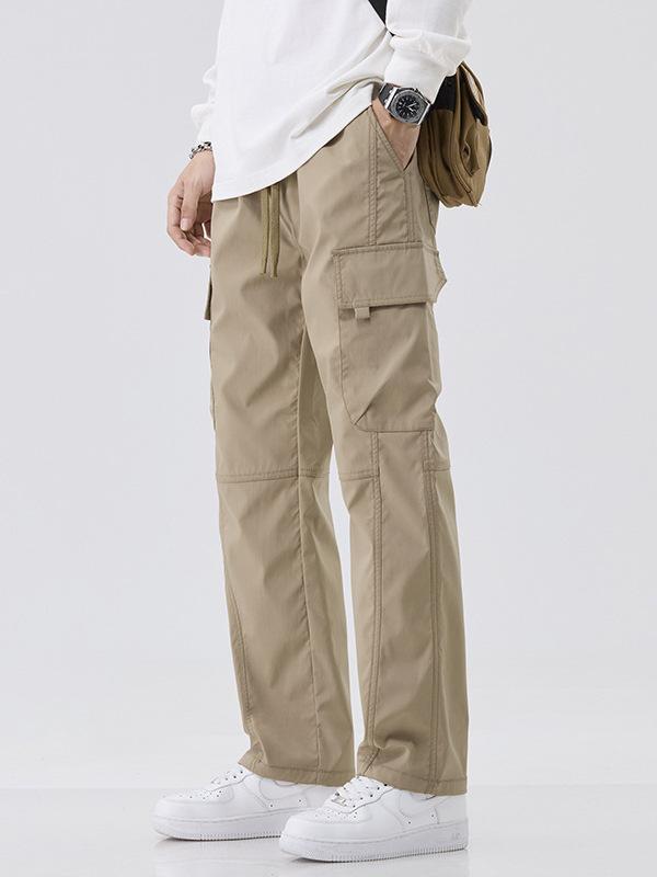 パンツ 男性用 カーゴパンツ ストレートパンツ ロングパンツ 多ポケット ゆったりサイズ ウエストゴム 調整紐 普段使い アウトドア 運動着 ポリエステル ブラック カーキ