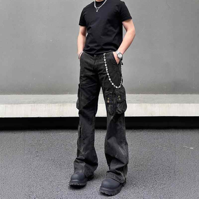 パンツ 男性用 ストリート アメカジ カーゴパンツ ワークパンツ 直筒 ベルボトム 多ポケット 切り替え 普段使い 部屋着