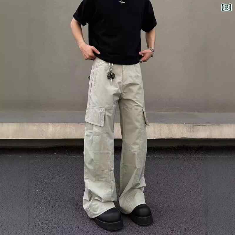 パンツ 男性用 カーゴパンツ ストレート ゆったり カジュアル ロングパンツ ポケット ミリタリー ワークパンツ 無地 普段使い 春秋 ポリエステル ブラック グレー