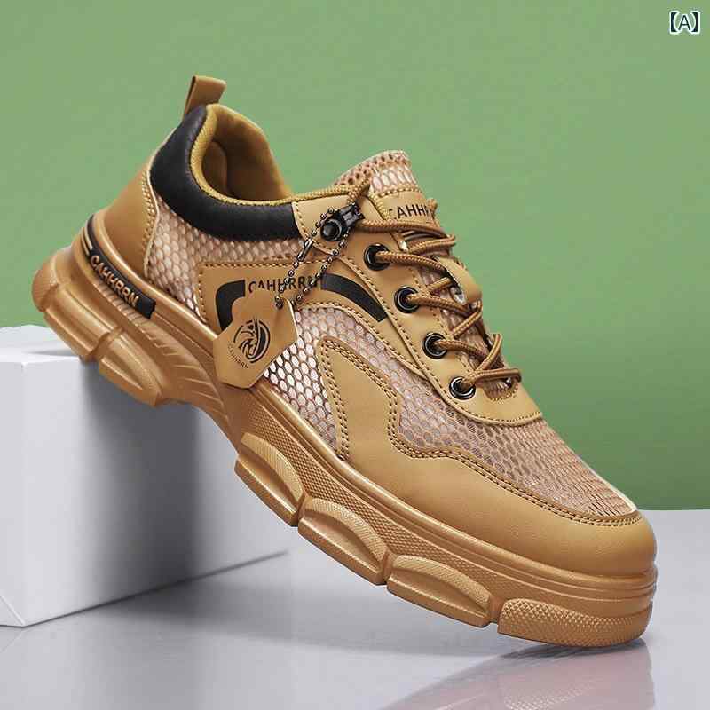 スニーカー メンズ ローカット ワークブーツ メッシュ 通気性 スポーツ カジュアル 厚底 レザー 黄色 沙色 白