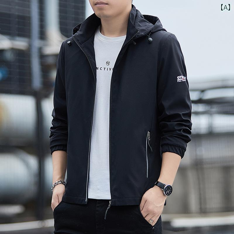 Rakuten - ジャケット メンズ 春秋 撥水 防風 フード付き ブルゾン ジャンパー 男性用 カジュアル 普段使い 無地 黒 ブラック系