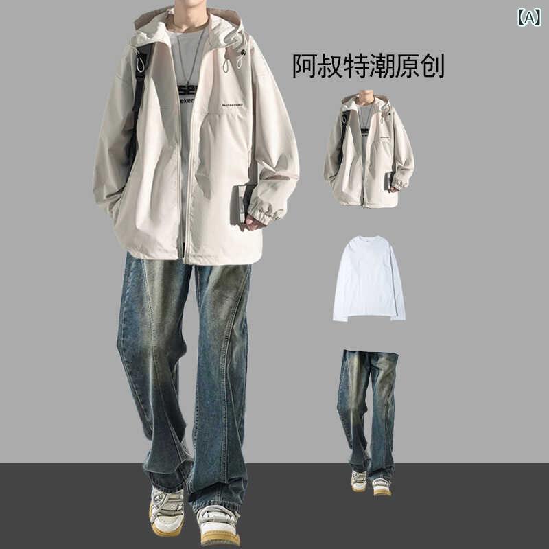 Rakuten - メンズ セットアップ 春秋 フード付き ワーク ジャケット デニム ジーンズ 3点セット S M L XL 2XL 3XL