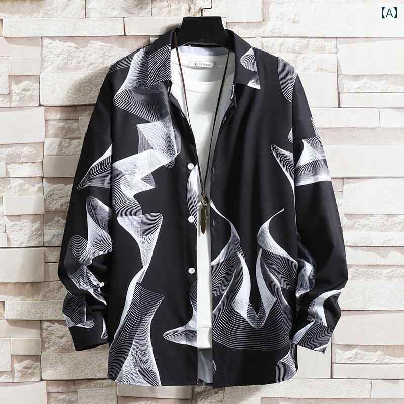 シャツ メンズ 長袖シャツ 韓国風 トップス ワークシャツ 大きいサイズ ゆったり 春秋 ポリエステル ブラック ホワイト 花柄 カジュアル スポーティー